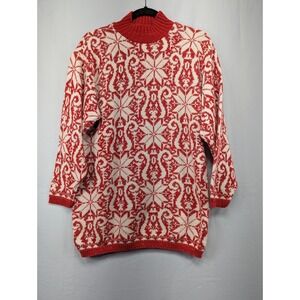 Vintage America Snowflake Knit Tunic Sweater Red Cream‎ Holiday Winter